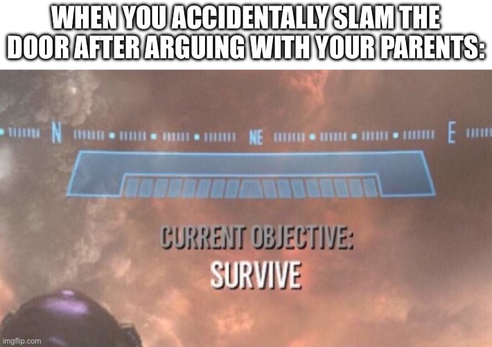 Well I’m screwed | WHEN YOU ACCIDENTALLY SLAM THE DOOR AFTER ARGUING WITH YOUR PARENTS: | image tagged in current objective survive,true,relatable,so true,survive,scary | made w/ Imgflip meme maker