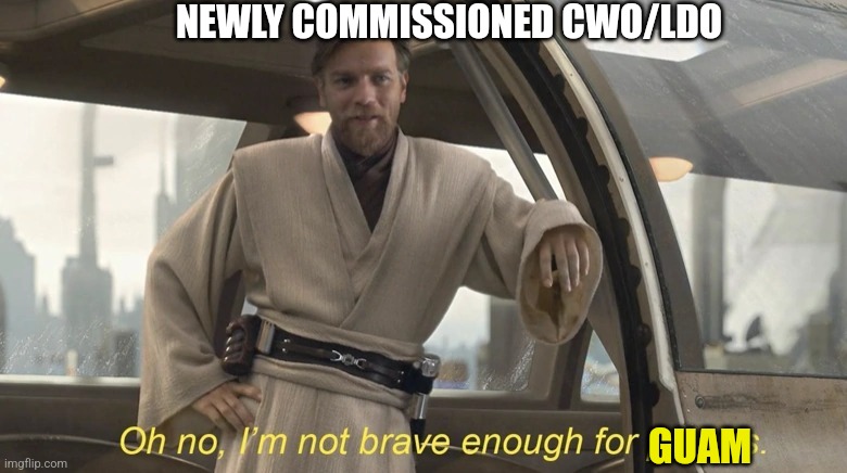 90 | NEWLY COMMISSIONED CWO/LDO; GUAM | image tagged in oh no i'm not brave enough for politics | made w/ Imgflip meme maker