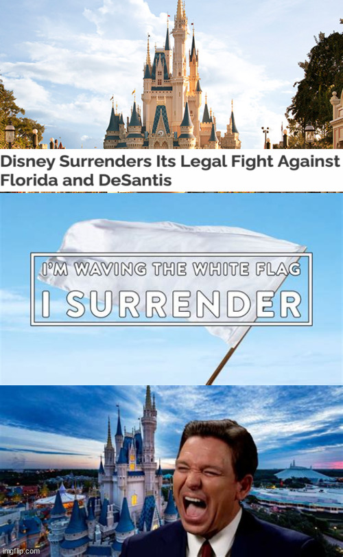 Disney surrenders | image tagged in disney world,surrenders,drops legal fight,with florida | made w/ Imgflip meme maker