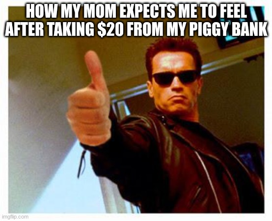 too true and sad | HOW MY MOM EXPECTS ME TO FEEL AFTER TAKING $20 FROM MY PIGGY BANK | image tagged in terminator thumbs up | made w/ Imgflip meme maker