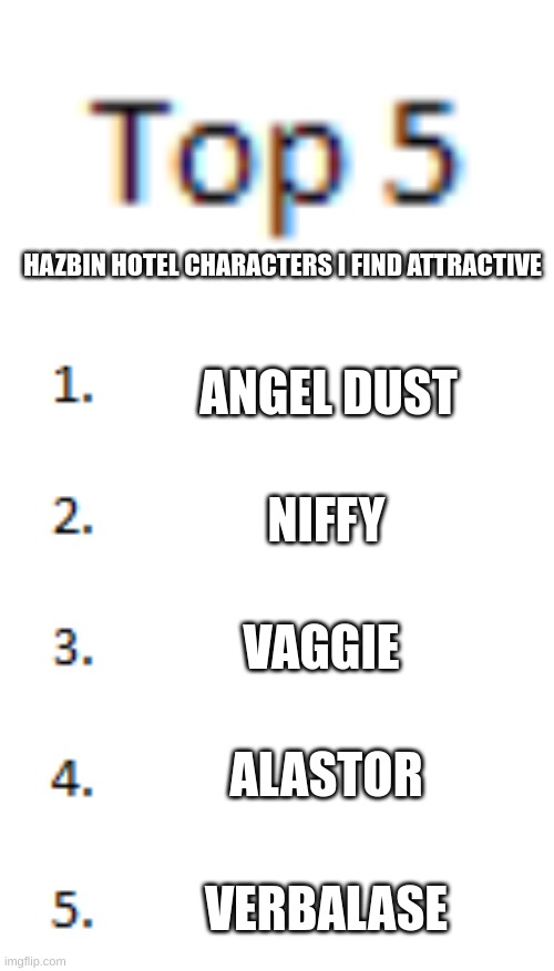 Top 5 List | HAZBIN HOTEL CHARACTERS I FIND ATTRACTIVE; ANGEL DUST; NIFFY; VAGGIE; ALASTOR; VERBALASE | image tagged in top 5 list | made w/ Imgflip meme maker