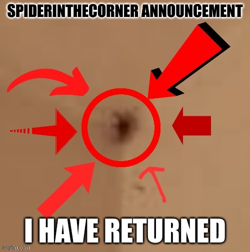 spiderinthecorner announcement | I HAVE RETURNED | image tagged in spiderinthecorner announcement | made w/ Imgflip meme maker