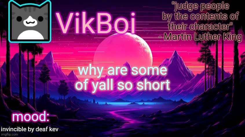 VikBoi vaporwave temp | why are some of yall so short; invincible by deaf kev | image tagged in vikboi vaporwave temp | made w/ Imgflip meme maker
