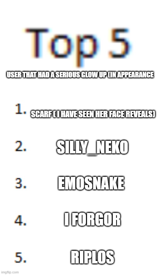 Top 5 List | USER THAT HAD A SERIOUS GLOW UP (IN APPEARANCE; SCARF ( I HAVE SEEN HER FACE REVEALS); SILLY_NEKO; EMOSNAKE; I FORGOR; RIPLOS | image tagged in top 5 list | made w/ Imgflip meme maker