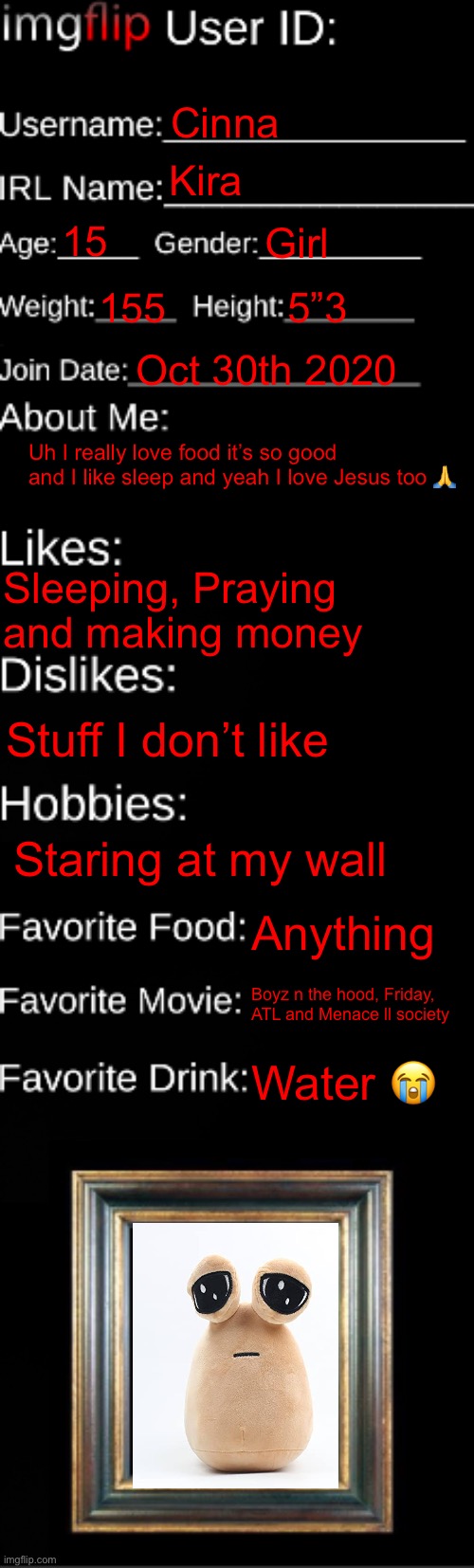 I love food | Cinna; Kira; 15; Girl; 155; 5”3; Oct 30th 2020; Uh I really love food it’s so good and I like sleep and yeah I love Jesus too 🙏; Sleeping, Praying and making money; Stuff I don’t like; Staring at my wall; Anything; Boyz n the hood, Friday, ATL and Menace ll society; Water 😭 | image tagged in imgflip id card | made w/ Imgflip meme maker