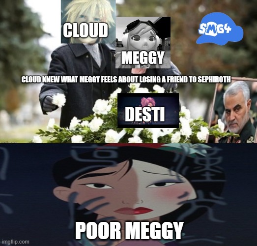 mulan feels bad for meggy | POOR MEGGY | image tagged in smg4 facts,smg4s meggy pointing at board,mulan,cloud strife,smg4 | made w/ Imgflip meme maker