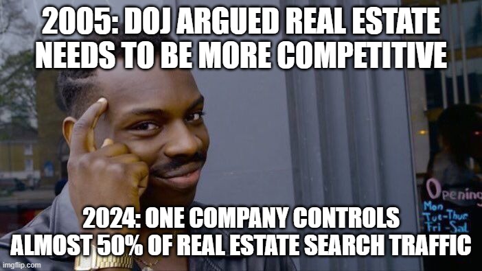 Roll Safe Think About It Meme | 2005: DOJ ARGUED REAL ESTATE NEEDS TO BE MORE COMPETITIVE; 2024: ONE COMPANY CONTROLS ALMOST 50% OF REAL ESTATE SEARCH TRAFFIC | image tagged in memes,roll safe think about it | made w/ Imgflip meme maker