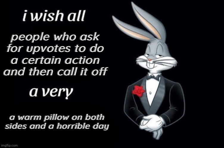 *cough* *cough* neko *cough* | people who ask for upvotes to do a certain action and then call it off; a warm pillow on both sides and a horrible day | image tagged in bugs bunny i wish all empty template | made w/ Imgflip meme maker