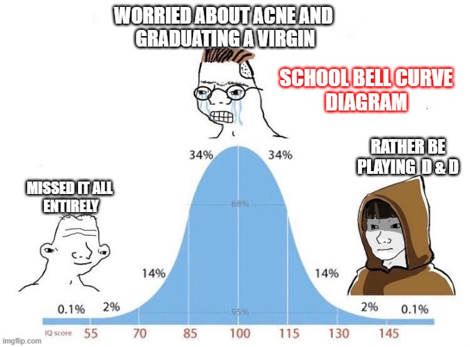 bell curve | WORRIED ABOUT ACNE AND 
GRADUATING A VIRGIN; SCHOOL BELL CURVE
DIAGRAM; RATHER BE
PLAYING  D & D; MISSED IT ALL 
ENTIRELY | image tagged in bell curve | made w/ Imgflip meme maker