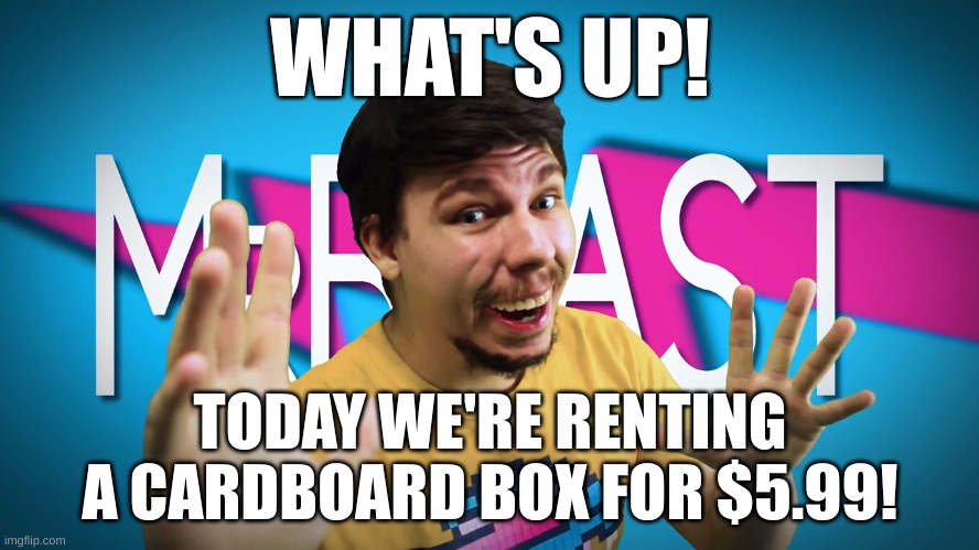 Fake MrBeast | WHAT'S UP! TODAY WE'RE RENTING A CARDBOARD BOX FOR $5.99! | image tagged in fake mrbeast | made w/ Imgflip meme maker