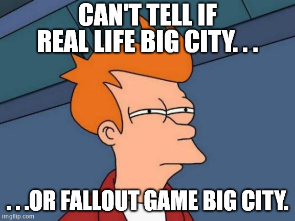 Futurama Fry Meme | CAN'T TELL IF REAL LIFE BIG CITY. . . . . .OR FALLOUT GAME BIG CITY. | image tagged in memes,futurama fry | made w/ Imgflip meme maker