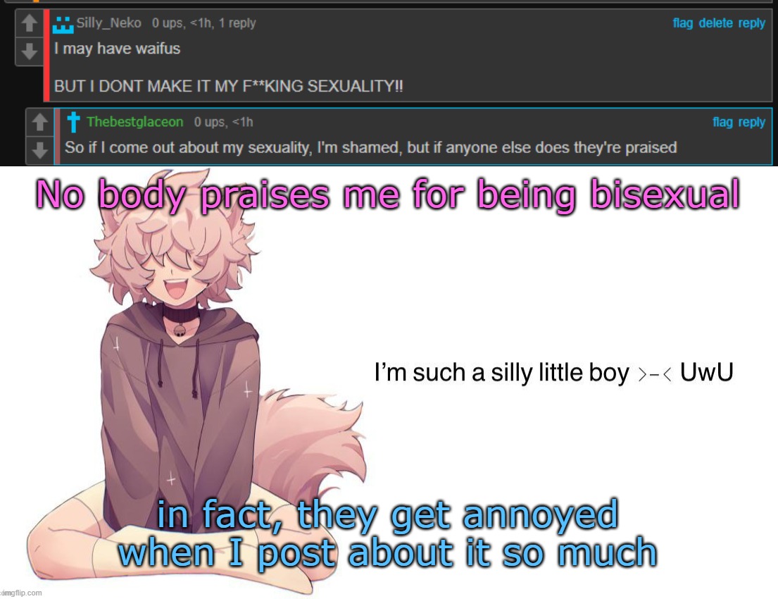@glaceon | No body praises me for being bisexual; in fact, they get annoyed when I post about it so much | image tagged in silly_neko announcement template | made w/ Imgflip meme maker