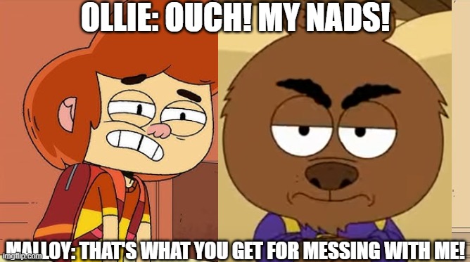 Malloy gave Ollie BLUE BALLS! | OLLIE: OUCH! MY NADS! MALLOY: THAT'S WHAT YOU GET FOR MESSING WITH ME! | image tagged in ollie kicked in the balls,ollie's pack,brickleberry,deez nuts,blue balls,scrotum | made w/ Imgflip meme maker