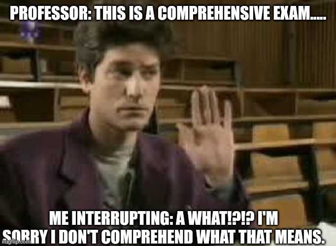 Student | PROFESSOR: THIS IS A COMPREHENSIVE EXAM..... ME INTERRUPTING: A WHAT!?!? I'M SORRY I DON'T COMPREHEND WHAT THAT MEANS. | image tagged in student | made w/ Imgflip meme maker