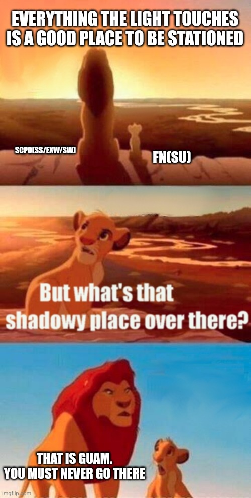 89 | EVERYTHING THE LIGHT TOUCHES IS A GOOD PLACE TO BE STATIONED; SCPO(SS/EXW/SW); FN(SU); THAT IS GUAM. YOU MUST NEVER GO THERE | image tagged in memes,simba shadowy place | made w/ Imgflip meme maker