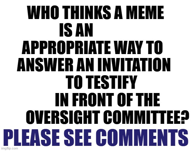 What Do You Think? | WHO THINKS A MEME IS AN              APPROPRIATE WAY TO  
   ANSWER AN INVITATION             TO TESTIFY             IN FRONT OF THE         OVERSIGHT COMMITTEE? PLEASE SEE COMMENTS | image tagged in memes,inappropriate,answer,oversight,committee,invited | made w/ Imgflip meme maker