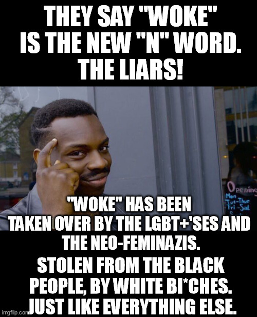 The liberals use black people as a shield against criticism. But "Woke" is not about black people since 2018. | THEY SAY "WOKE" IS THE NEW "N" WORD.
THE LIARS! "WOKE" HAS BEEN 
TAKEN OVER BY THE LGBT+'SES AND 
THE NEO-FEMINAZIS. STOLEN FROM THE BLACK PEOPLE, BY WHITE BI*CHES.
 JUST LIKE EVERYTHING ELSE. | image tagged in memes,roll safe think about it,liberal logic,woke,feminazi,lgbt | made w/ Imgflip meme maker