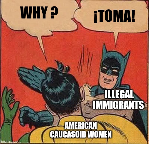 Batman Slapping Robin Meme | AMERICAN CAUCASOID WOMEN ILLEGAL IMMIGRANTS WHY ? ¡TOMA! | image tagged in memes,batman slapping robin | made w/ Imgflip meme maker