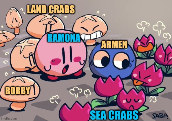 Under the Boardwalk conflict in a Kirby Nutshell | LAND CRABS; RAMONA; ARMEN; BOBBY; SEA CRABS | image tagged in the conflict between flowers and mushrooms in kirby games | made w/ Imgflip meme maker