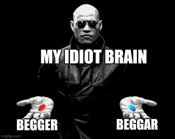 morpheus matrix blue pill red pill | BEGGER BEGGAR MY IDIOT BRAIN | image tagged in morpheus matrix blue pill red pill | made w/ Imgflip meme maker