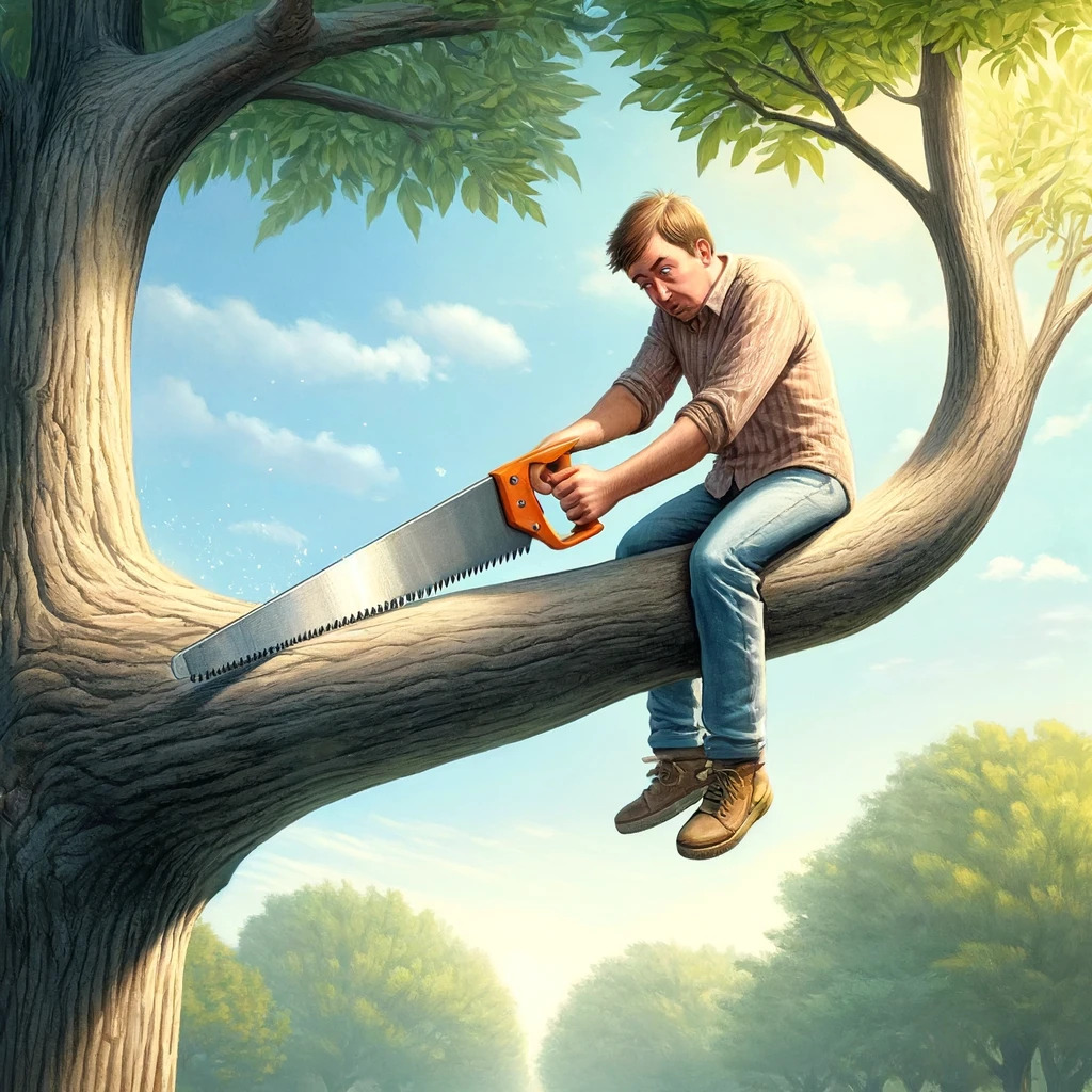 Man sawing a branch onto which he is sitting Blank Meme Template
