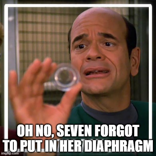 Pregnant Borg | OH NO, SEVEN FORGOT TO PUT IN HER DIAPHRAGM | image tagged in emh star trek voyager doctor | made w/ Imgflip meme maker