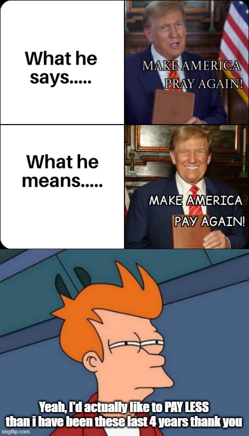 Don't Make Stupid Memes | Yeah, I'd actually like to PAY LESS than i have been these last 4 years thank you | image tagged in memes,futurama fry | made w/ Imgflip meme maker