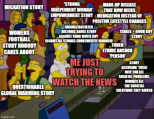 Just trying to watch the news | UNSUBSTANTIATED HISTORIC ABUSE STORY AGAINST SOME WHITE GUY 

(ACQUITTAL STORIES CONVENIENTLY IGNORED); MADE-UP DISEASE THAT NOW NEEDS MEDICATION INSTEAD OF POSITIVE LIFESTYLE CHANGES; 'STRONG INDEPENDENT WOMAN' EMPOWERMENT STORY; MIGRATION STORY; ISRAEL = GOOD GUY 
STORY; WOMENS FOOTBALL STORY NOBODY CARES ABOUT; TOKEN ETHNIC ANCHOR 'PERSON'; ME JUST TRYING TO WATCH THE NEWS; STORY ACCUSING 'TOXIC MEN' FOR ALL SOCIETAL PROBLEMS, IGNORES ALL THE SOCIETAL SOLUTIONS THEY SOLVED; QUESTIONABLE GLOBAL WARMING STORY | image tagged in bbc,bbc newsflash,woke,sexism,leftists,bill gates loves vaccines | made w/ Imgflip meme maker