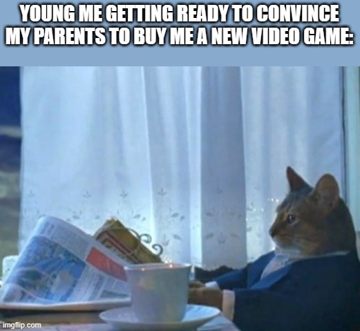 Meme | YOUNG ME GETTING READY TO CONVINCE MY PARENTS TO BUY ME A NEW VIDEO GAME: | image tagged in memes,i should buy a boat cat | made w/ Imgflip meme maker