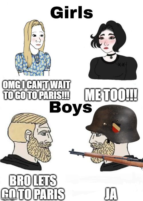 make the comments about the invasion of paris | OMG I CAN'T WAIT TO GO TO PARIS!!! ME TOO!!! JA; BRO LETS GO TO PARIS | image tagged in girls vs boys | made w/ Imgflip meme maker