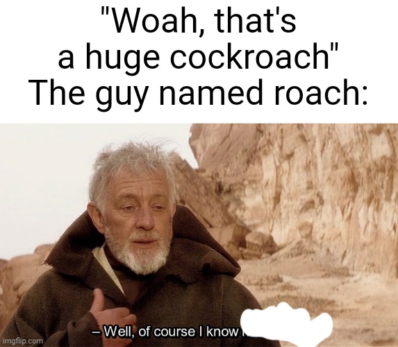 Obi Wan Of course I know him, He‘s me | "Woah, that's a huge cockroach"
The guy named roach: | image tagged in obi wan of course i know him he s me | made w/ Imgflip meme maker