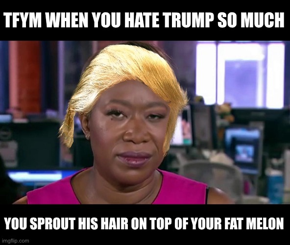 TDS side effects | TFYM WHEN YOU HATE TRUMP SO MUCH; YOU SPROUT HIS HAIR ON TOP OF YOUR FAT MELON | image tagged in joy reid stylish hot,donald trump hair | made w/ Imgflip meme maker