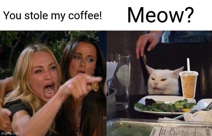 You stole my coffee  | Meow? You stole my coffee! | image tagged in memes,woman yelling at cat,coffee,jpfan102504 | made w/ Imgflip meme maker