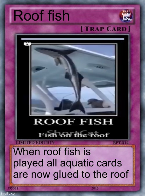 trap card | Roof fish; When roof fish is played all aquatic cards are now glued to the roof | image tagged in trap card | made w/ Imgflip meme maker