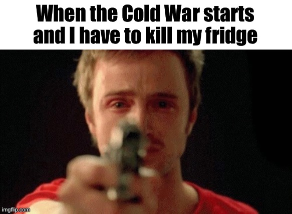 jesse pinkman pointing gun | When the Cold War starts and I have to kill my fridge | image tagged in jesse pinkman pointing gun | made w/ Imgflip meme maker