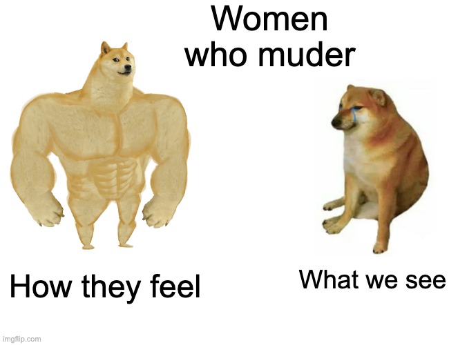 murderous women | Women who muder; How they feel; What we see | image tagged in memes,buff doge vs cheems | made w/ Imgflip meme maker