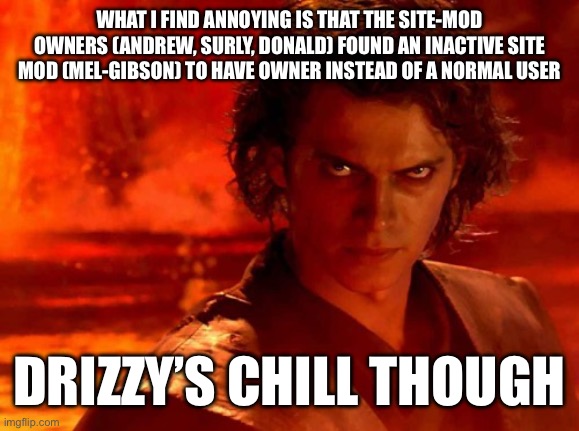 You Underestimate My Power | WHAT I FIND ANNOYING IS THAT THE SITE-MOD OWNERS (ANDREW, SURLY, DONALD) FOUND AN INACTIVE SITE MOD (MEL-GIBSON) TO HAVE OWNER INSTEAD OF A NORMAL USER; DRIZZY’S CHILL THOUGH | image tagged in memes,you underestimate my power | made w/ Imgflip meme maker