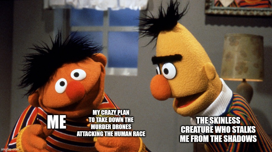 "The chance of this actually working is roughly 16.8%, but it will do." *unholy screeching in understanding* | MY CRAZY PLAN TO TAKE DOWN THE MURDER DRONES ATTACKING THE HUMAN RACE; THE SKINLESS CREATURE WHO STALKS ME FROM THE SHADOWS; ME | image tagged in ernie and bert discuss rubber duckie | made w/ Imgflip meme maker