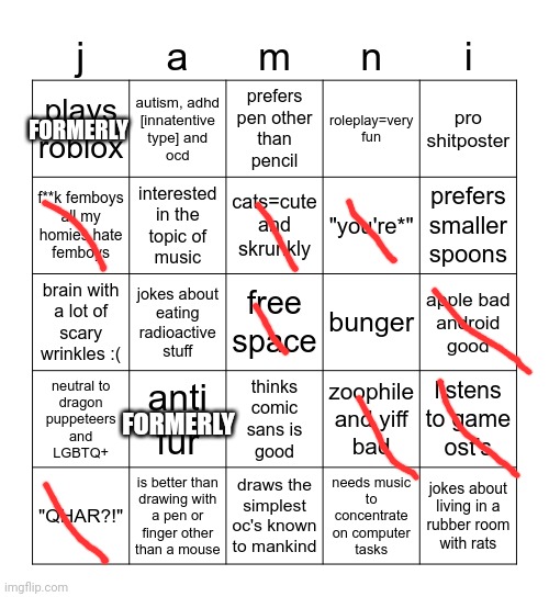 Jammymemefuel bingo | FORMERLY; FORMERLY | image tagged in jammymemefuel bingo | made w/ Imgflip meme maker