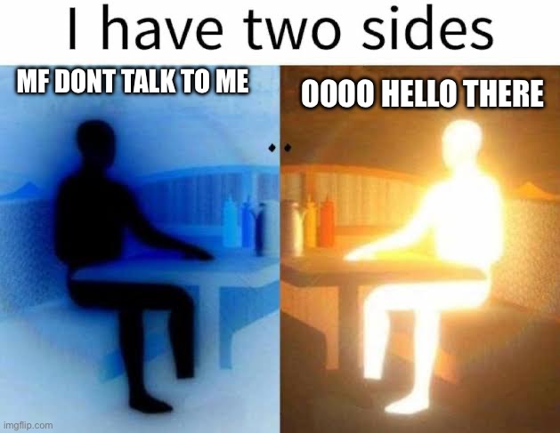 I have two sides | MF DONT TALK TO ME; OOOO HELLO THERE | image tagged in i have two sides | made w/ Imgflip meme maker