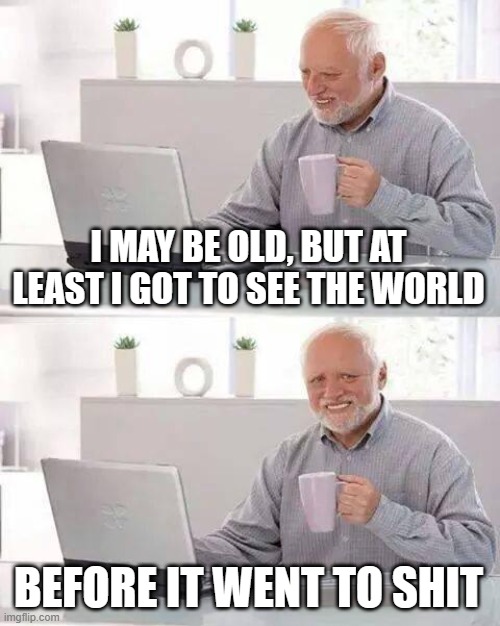 Hide the Pain Harold Meme | I MAY BE OLD, BUT AT LEAST I GOT TO SEE THE WORLD; BEFORE IT WENT TO SHIT | image tagged in memes,hide the pain harold | made w/ Imgflip meme maker