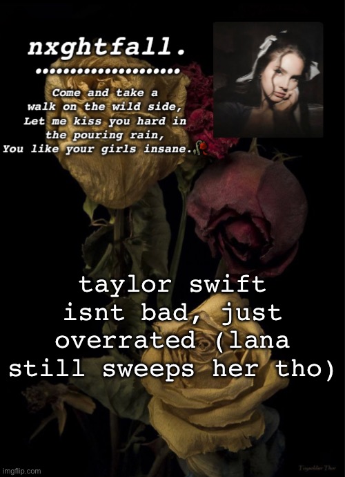 taylor swift isnt bad, just overrated (lana still sweeps her tho) | image tagged in nxghtfall | made w/ Imgflip meme maker
