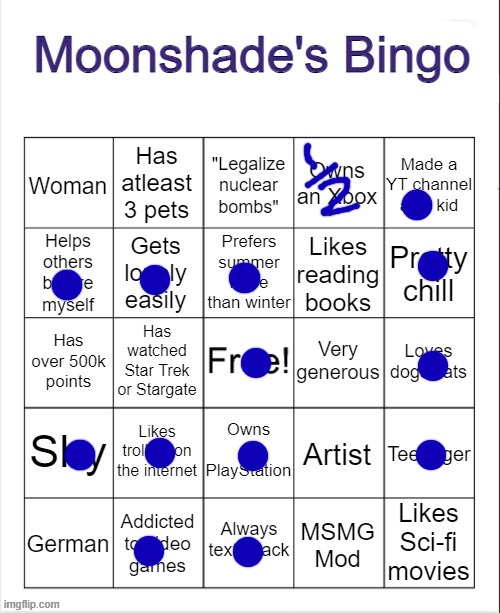 i KINDOF own a xbox, my dad has one and lets me play it so ig its kinda counts | image tagged in moonshade's bingo | made w/ Imgflip meme maker