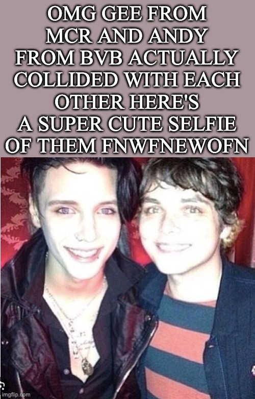 AAAAAWFOJEWPFJWEFNWE:FJEOFJWEOCJ | OMG GEE FROM MCR AND ANDY FROM BVB ACTUALLY COLLIDED WITH EACH OTHER HERE'S A SUPER CUTE SELFIE OF THEM FNWFNEWOFN | image tagged in emo,andy black,gerard way,mcr,bvb | made w/ Imgflip meme maker