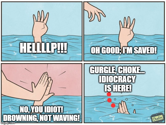 High five drown | HELLLLP!!! OH GOOD; I'M SAVED! GURGLE, CHOKE...
IDIOCRACY
 IS HERE! NO, YOU IDIOT! DROWNING, NOT WAVING! | image tagged in high five drown | made w/ Imgflip meme maker