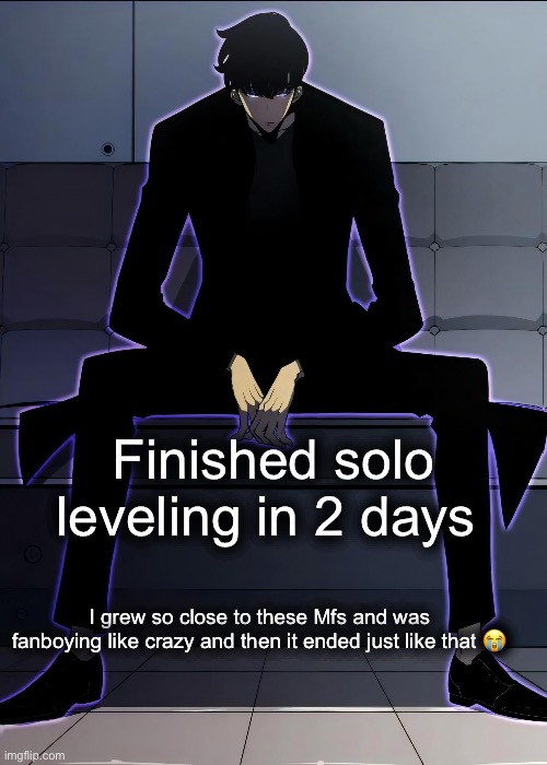 Sung Jin woo serious talk time :) | Finished solo leveling in 2 days; I grew so close to these Mfs and was fanboying like crazy and then it ended just like that 😭 | image tagged in sung jin woo serious talk time | made w/ Imgflip meme maker