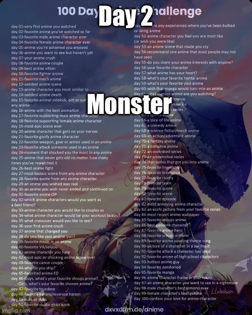 100 day anime challenge | Day 2; Monster | image tagged in 100 day anime challenge | made w/ Imgflip meme maker