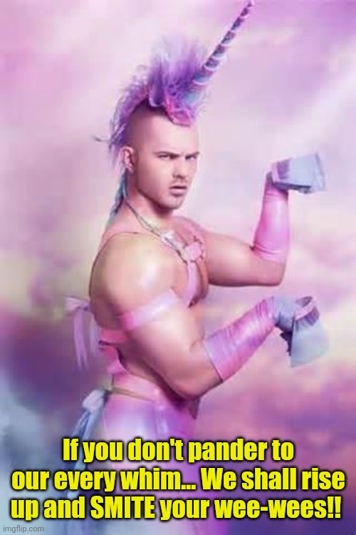 Gay Unicorn | If you don't pander to our every whim... We shall rise up and SMITE your wee-wees!! | image tagged in gay unicorn | made w/ Imgflip meme maker