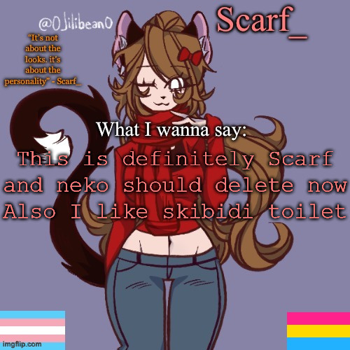 Scarf_ Announcement Template | This is definitely Scarf and neko should delete now
Also I like skibidi toilet | image tagged in scarf_ announcement template | made w/ Imgflip meme maker
