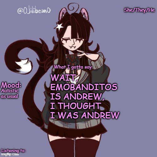 She/They/He; WAIT, EMOBANDITOS IS ANDREW, I THOUGHT I WAS ANDREW; Autistic as usual | image tagged in silly_neko annoucment temp | made w/ Imgflip meme maker